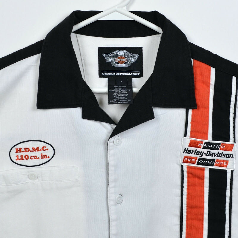 Harley-Davidson Men Large White Orange Stripe Racing Patch Mechanic Biker Shirt