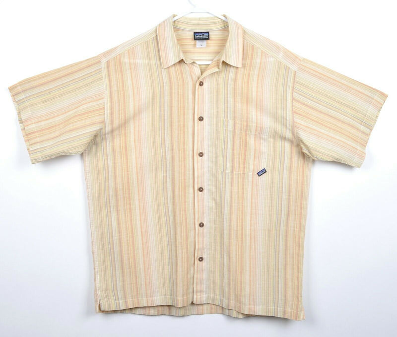 Patagonia Men's Sz Medium Organic Cotton Yellow Striped Short Sleeve Shirt