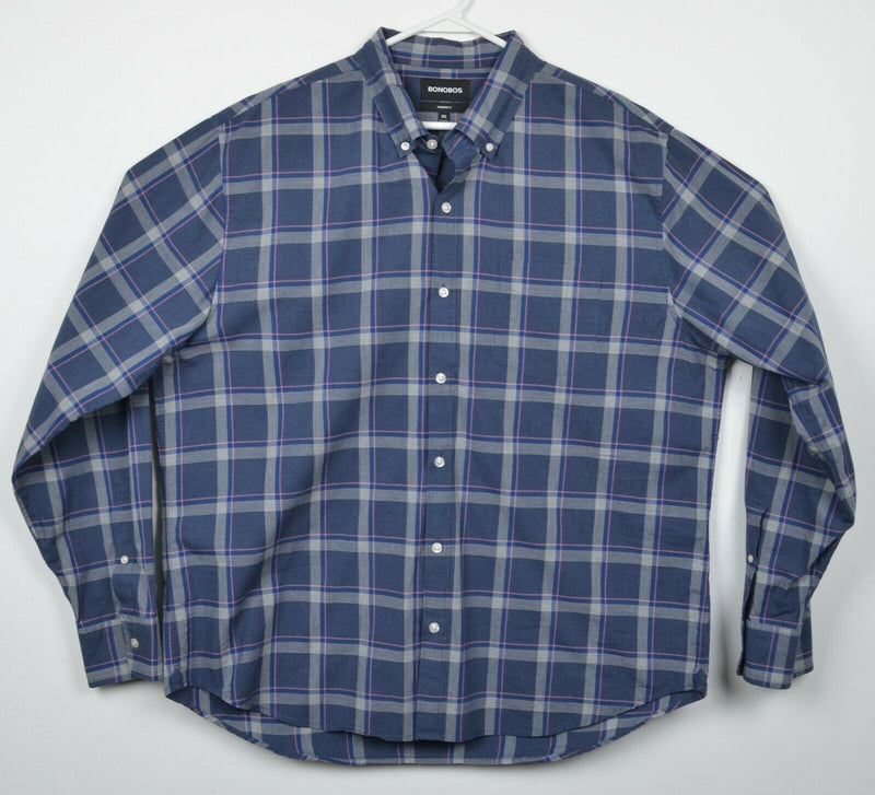 Bonobos Men's 2XL Standard Fit Blue Gray Plaid Long Sleeve Button-Down Shirt