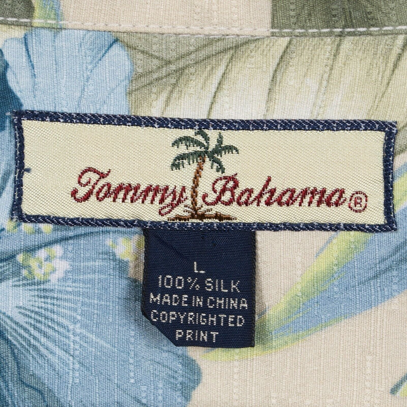 Tommy Bahama Men's Large 100% Silk Green Blue Floral Hibiscus Hawaiian Shirt