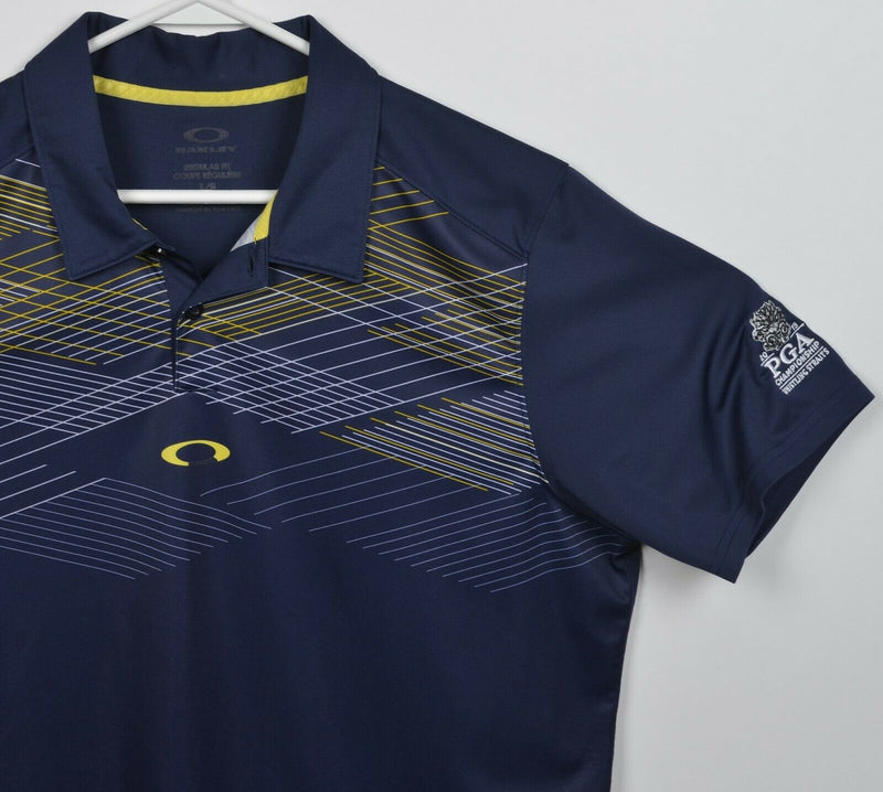 Oakley Men's Large Regular Fit Navy Blue Yellow Striped PGA Golf Polo Shirt