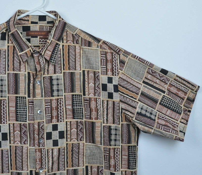 Tori Richard Men's Large Brown Geometric Cotton Lawn Hawaiian Aloha Shirt