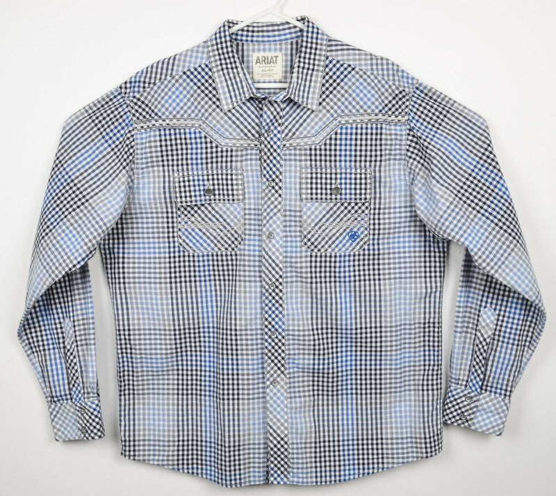 Ariat Men's XL Retro Fit Blue Plaid Check Western Rockabilly Button-Front Shirt