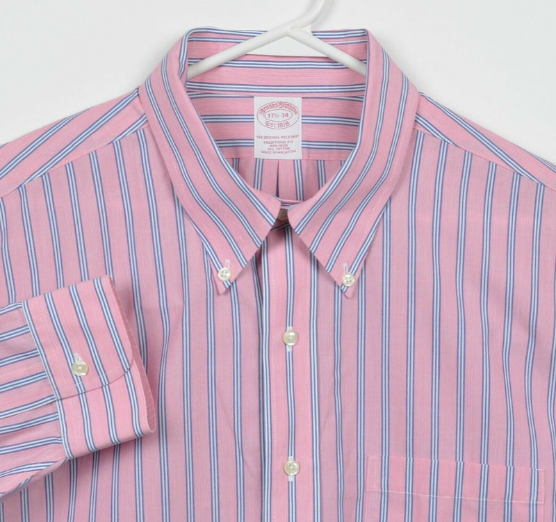 Brooks Brothers Men's 17.5 Non-Iron Pink Blue Striped Button-Down Dress Shirt