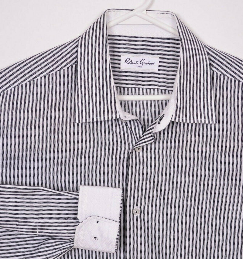 Robert Graham Men's 17.5/44 Flip Cuff Dress Shirt Black White Striped Shirt