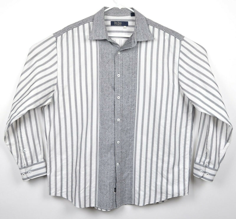 Nat Nast Men's Sz XL Gray White Geometric Striped Button-Front Shirt