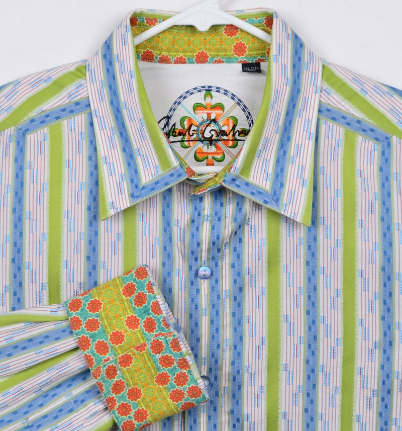 Robert Graham Men's 2XL Flip Cuff Multi-Color Striped Geometric Blue Green Shirt