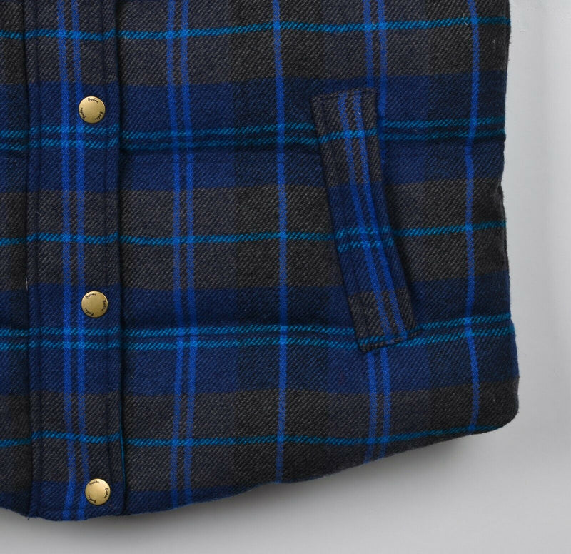 Boden Women's 12 Down Navy Blue Gray Plaid Wool Lined Full Zip Snap Puffer Vest