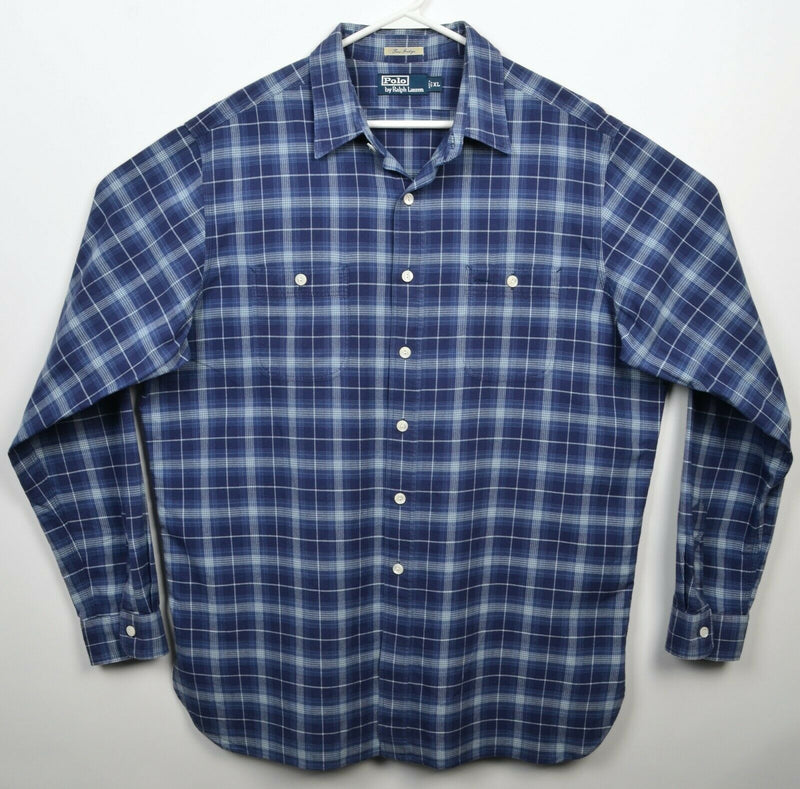 Polo Ralph Lauren Men's XL True Indigo Navy Blue Plaid Button-Front Shirt