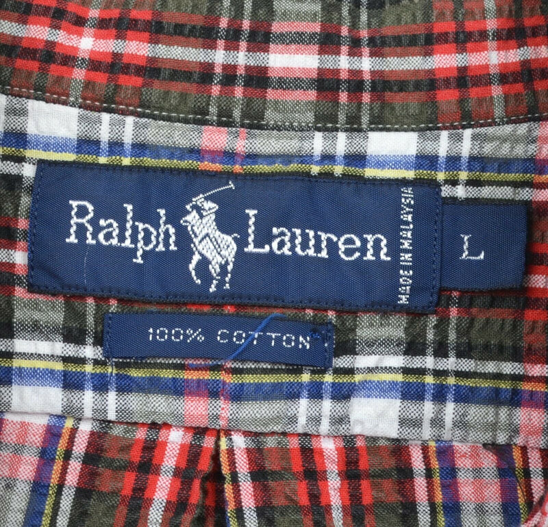 Polo Ralph Lauren Men's Sz Large Seersucker Red Green Plaid Short Sleeve Shirt