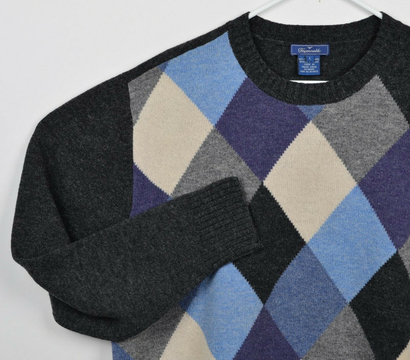 Faconnable Men's Sz Large 100% Shetland Wool Argyle Purple Gray Crewneck Sweater