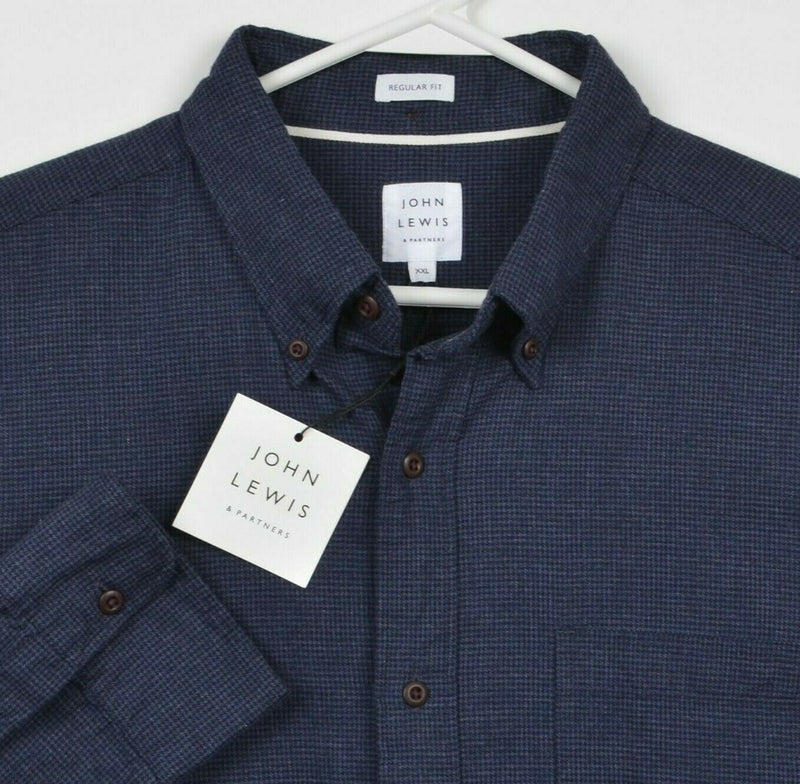 John Lewis Men's 2XL Navy Blue Houndstooth Plaid Button-Down Flannel Shirt