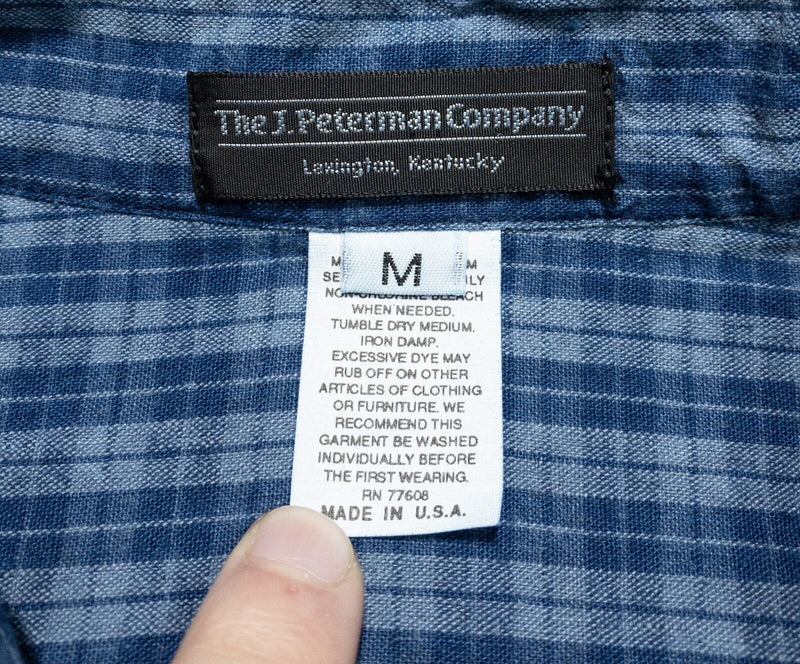 J. Peterman Poet's Shirt Men's Medium Band Collar Grandfather Blue Plaid L/S USA