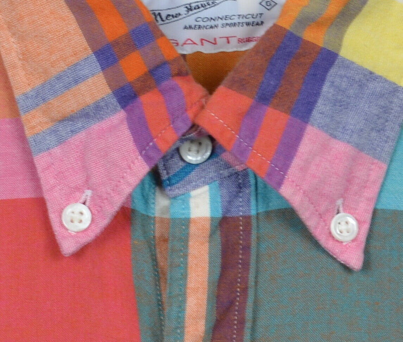 GANT Men Medium "Sunset Madras" Colorful Pink Red Orange Plaid Button-Down Shirt