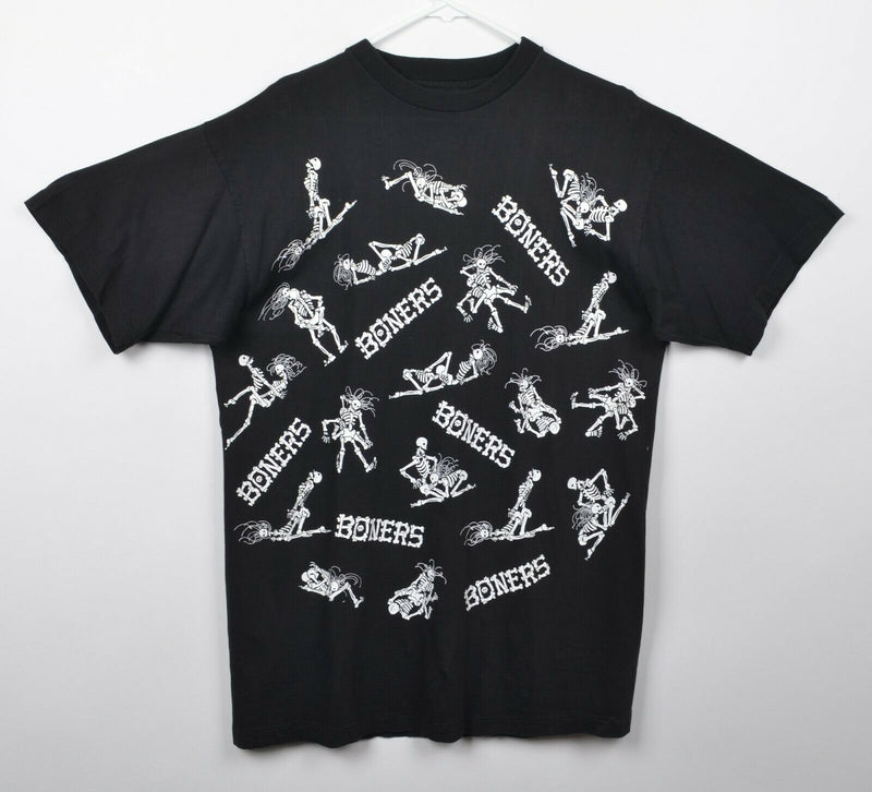 Vtg 90s Boners Men's Sz XL Skeleton Sex Kama Sutra All-Over Print Black T-Shirt