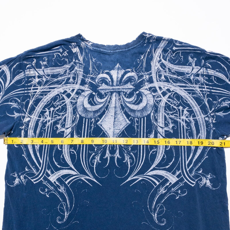 Affliction T-Shirt Men's Large Blue Eagle Double-Sided Y2K Distressed AOP Grunge
