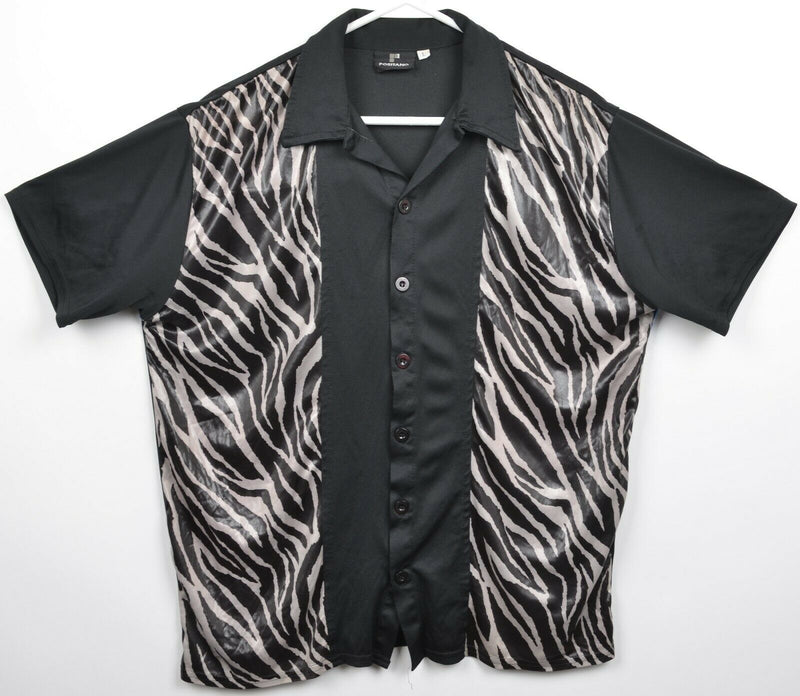 Positano Men's Large Zebra Print Panel Stripe Black Disco Club Shiny Camp Shirt