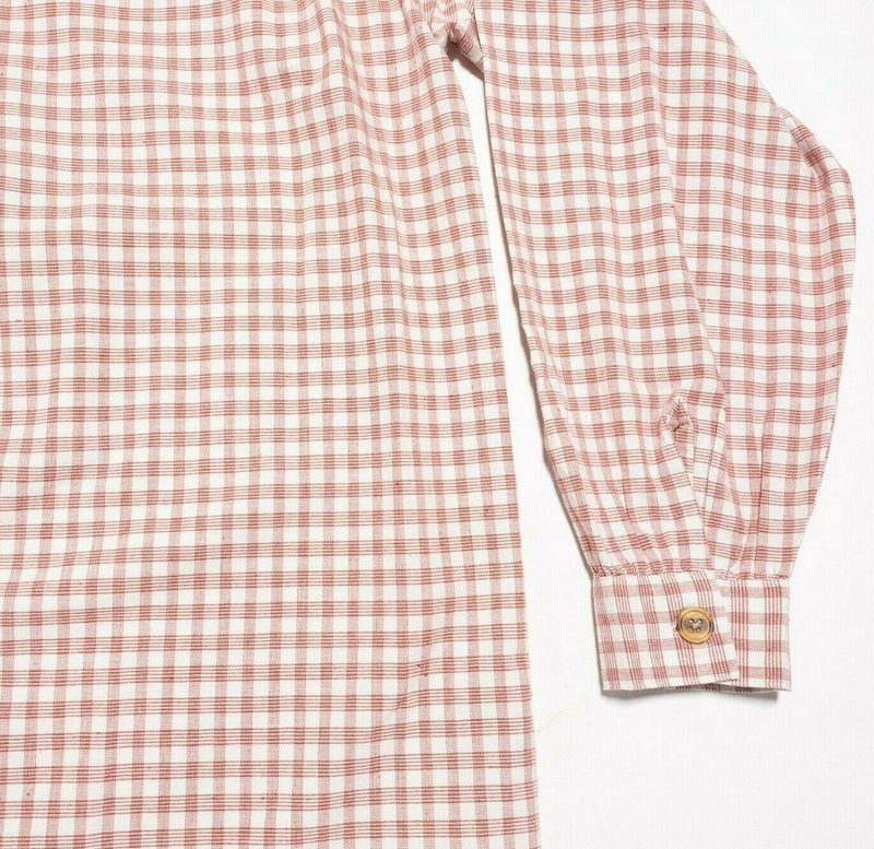 J. Peterman Band Mandarin Collar Popover Shirt Orange Red Check Men's Large