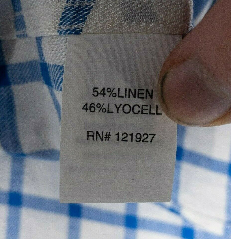 johnnie-O Hangin' Out Camden Linen Blend Shirt White Blue Check Preppy Men's XL