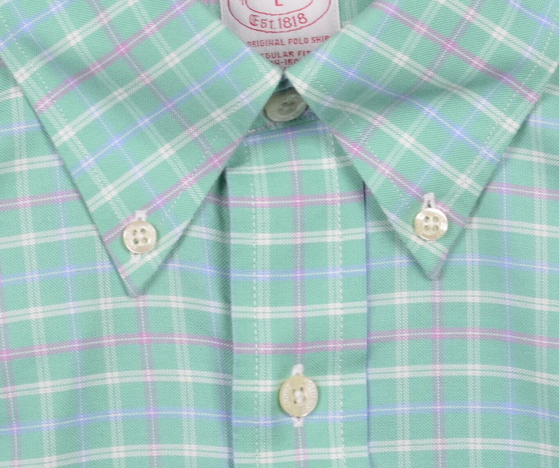 Brooks Brothers Men's Large Regular Fit Green Plaid Non-Iron Button-Down Shirt