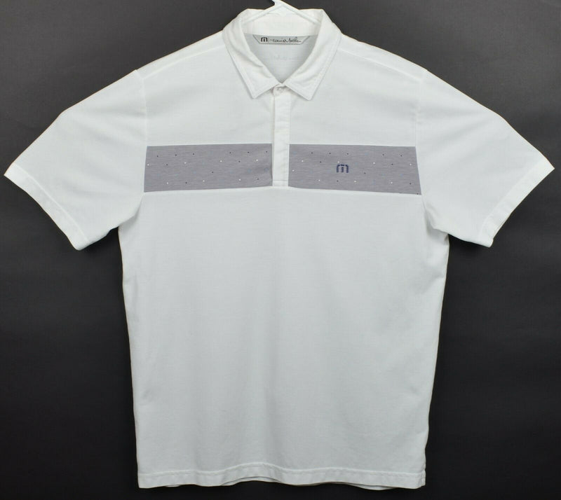 Travis Mathew Men's Sz Large Polka Dot Striped White Gray Logo Golf Polo Shirt