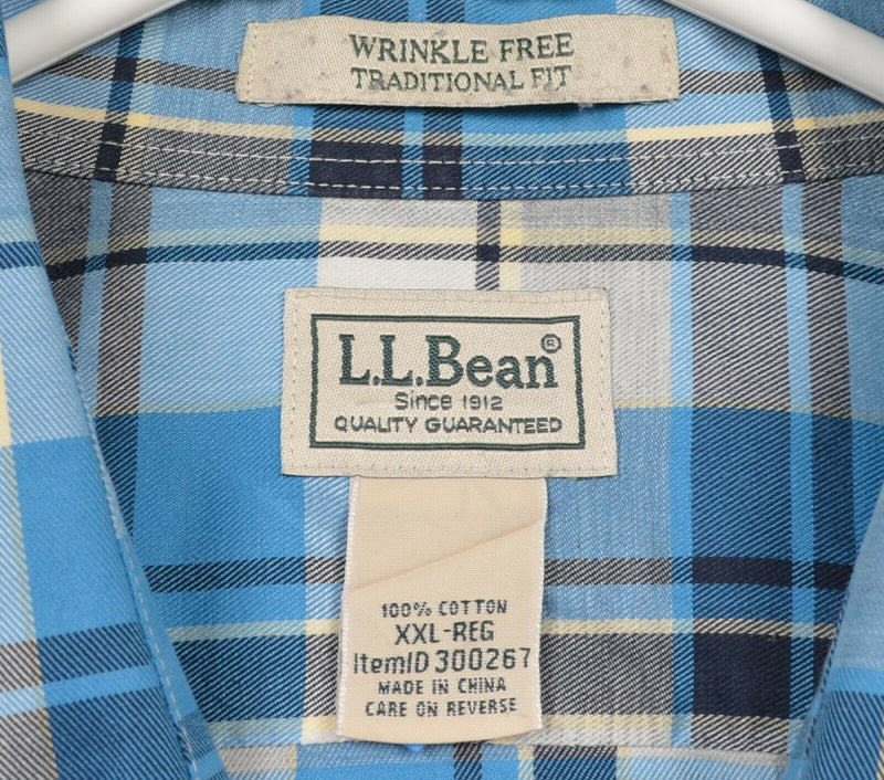 LL Bean Men's 2XL Traditional Fit Wrinkle Free Blue Gray Plaid Button-Down Shirt