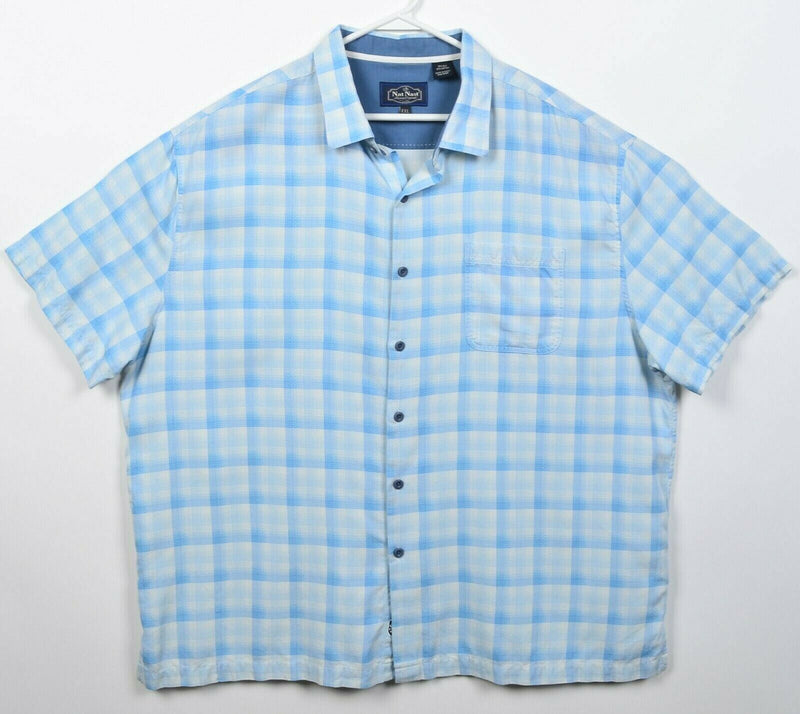 Nat Nast Men's 2XL Silk Blend Blue White Plaid Hawaiian Bowling Retro Shirt