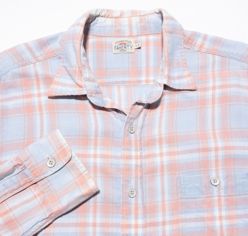 Faherty Shirt Men's XL Plaid Button-Up Long Sleeve Peach Pink Light Blue Preppy