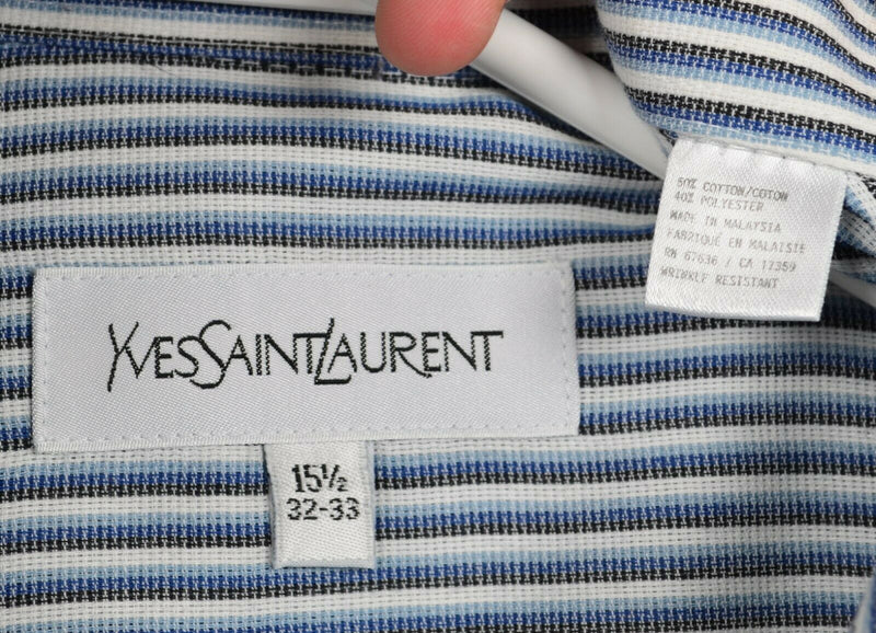 Vintage Yves Saint Laurent Men's 15.5 32-33 Blue Striped Wrinkle Resistant Shirt