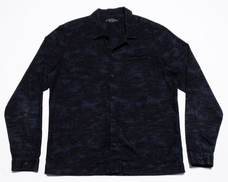 AllSaints Camo Shirt Men's XL Button-Up Black Blue Camouflage Print Fayette LS