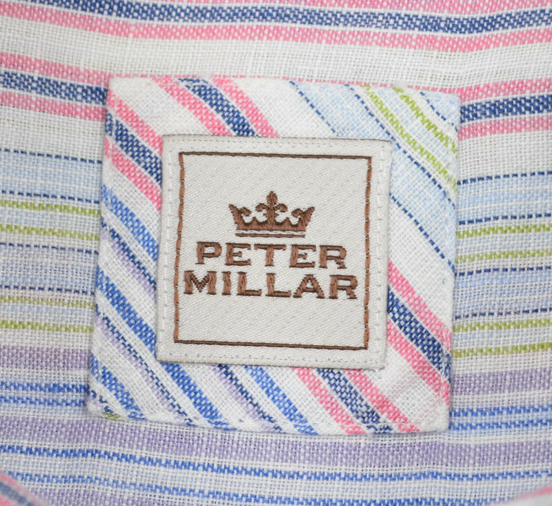 Peter Millar Men's Sz Medium 100% Linen Multi-Color Striped Short Sleeve Shirt