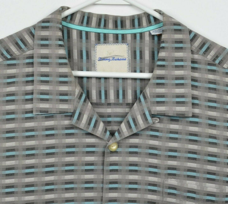 Tommy Bahama Men's 2XL Silk Blend Gray Aqua Blue Geometric Hawaiian Aloha Shirt