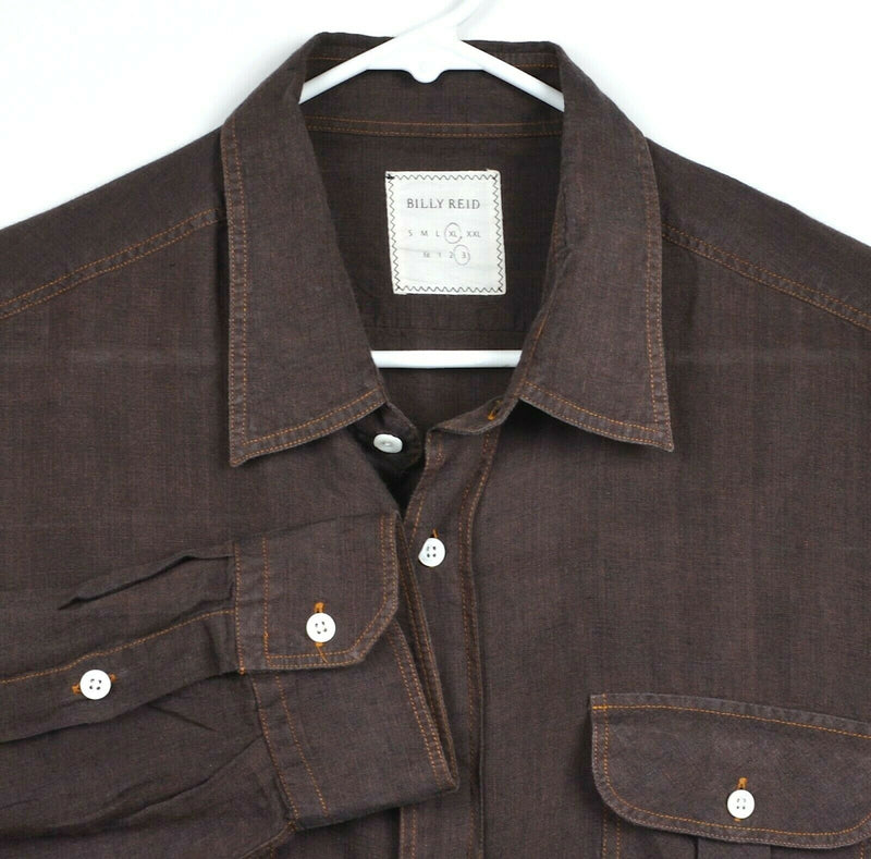 Billy Reid Men's Sz XL (Fit 3) 100% Linen Solid Brown Button-Front Shirt