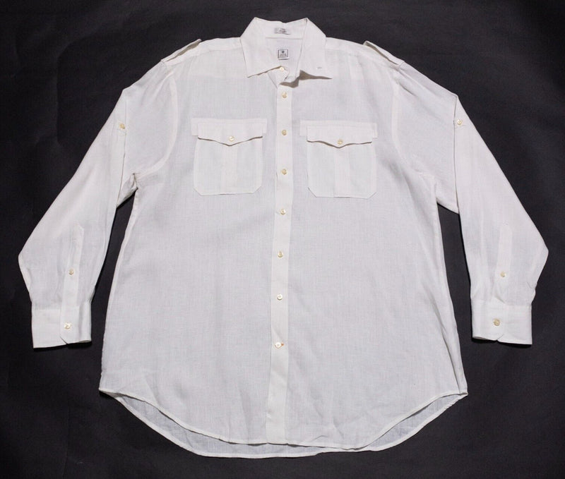 Peter Millar White Linen Shirt Men's Large Long Sleeve Button-Front Captain
