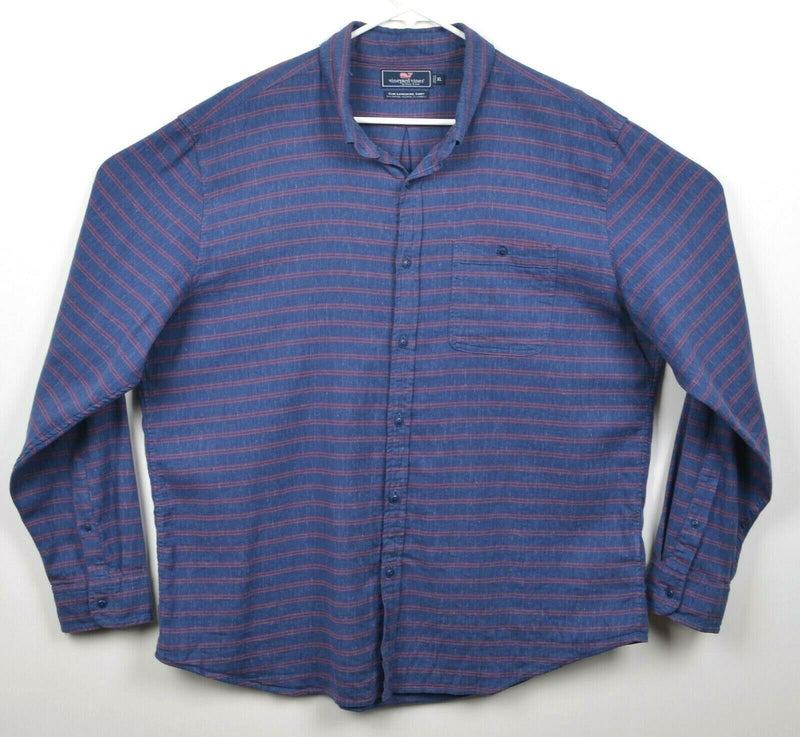 Vineyard Vines Men's Sz XL Slim Linen Blend Navy Blue Red Stripe Longshore Shirt