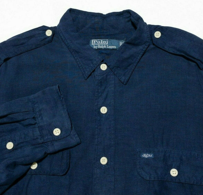 Polo Ralph Lauren Linen Silk Blend Shirt Safari Navy Blue Button-Front Men's XL