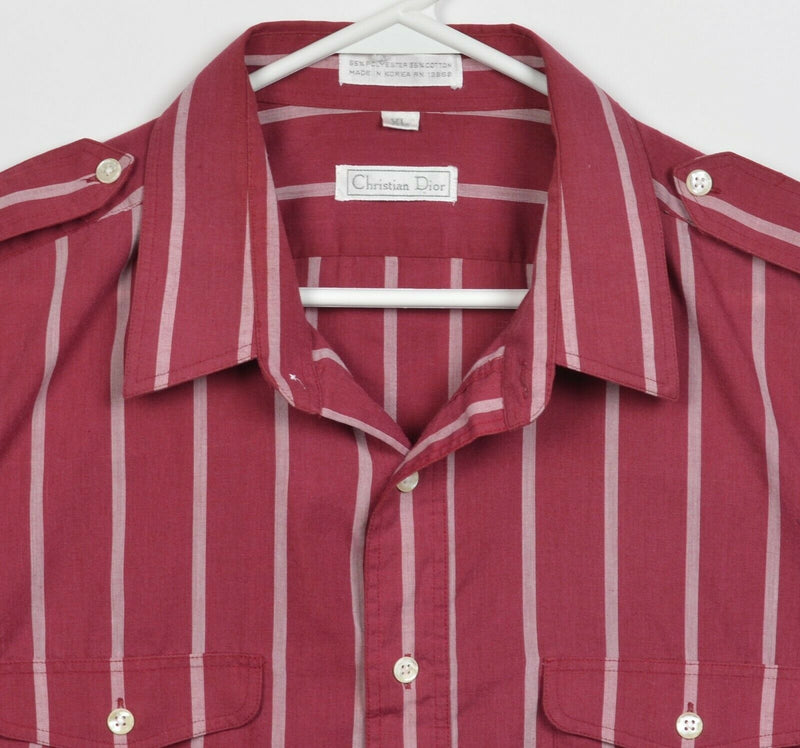 Vintage 80s Christian Dior Men's XL Safari Maroon Red Striped Button-Front Shirt