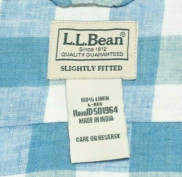 L.L. Bean Linen Shirt Blue Green Buffalo Check Plaid Long Sleeve Men's Large