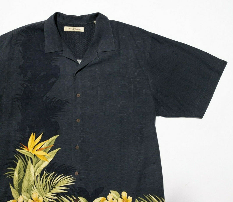 Tommy Bahama Silk Shirt XL Men's Hawaiian Aloha Floral Black Textured Camp