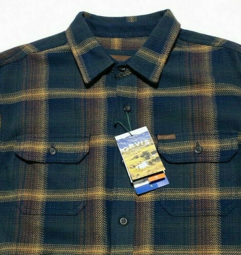 Orvis Heavyweight Flannel Shirt Navy Blue Brown Plaid Men's Large