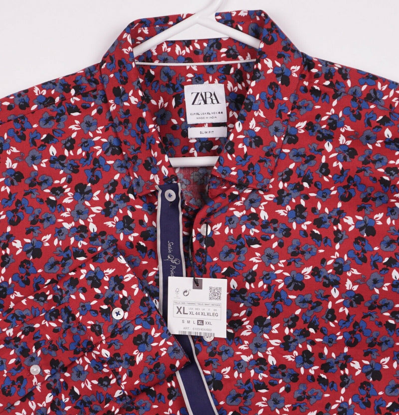 Zara Men's XL Slim Fit Floral Print Red Blue Long Sleeve Button-Front Shirt