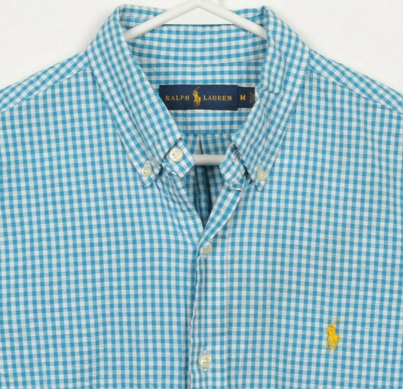 Polo Ralph Lauren Men's Medium Seersucker Aqua Blue Gingham Short Sleeve Shirt