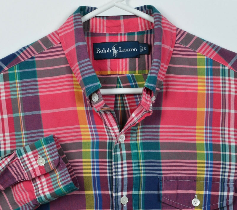 Polo Ralph Lauren Men Small Pink Colorful Plaid Indian Madras Button-Down Shirt