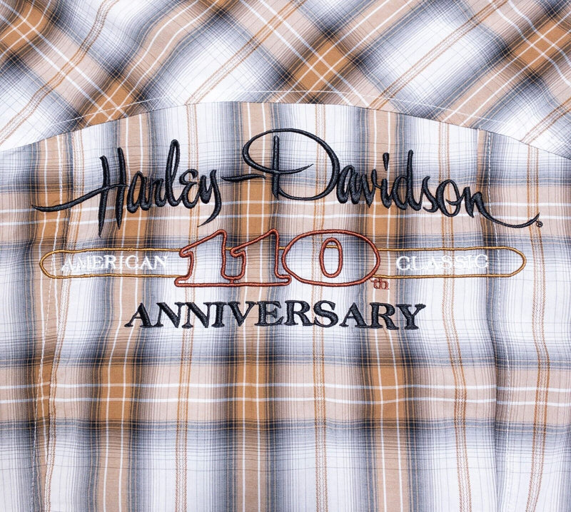 Harley-Davidson Womens Top Medium Pearl Snap 110th Anniversary Woven Plaid Biker