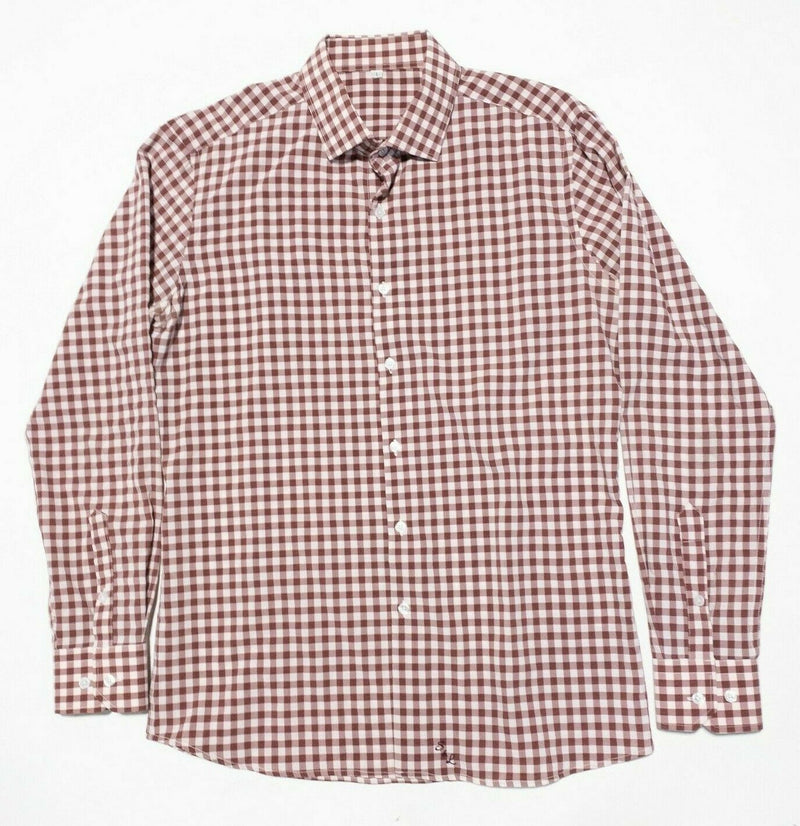 State and Liberty Dress Shirt Men's Large Red Gingham Check Athletic Wicking S&L