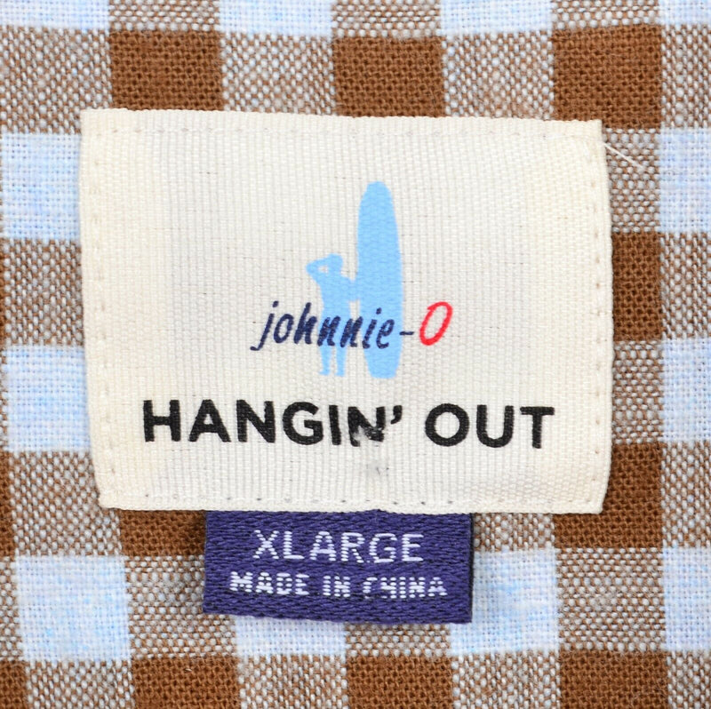 Johnnie-O Hangin' Out Men's XL Brown Gingham Check Surfer Logo Button-Down Shirt