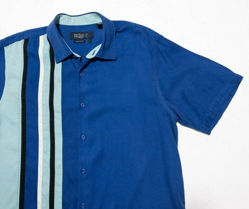 Nat Nast Large Silk Shirt Panel Striped Blue Hawaiian Aloha Bowling American Fit