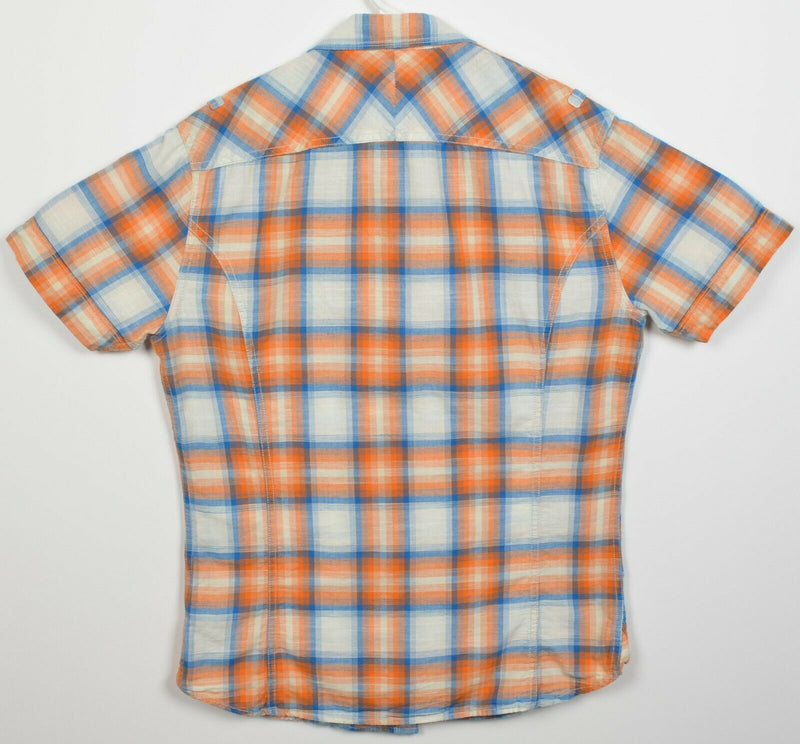 Diesel Men's Large Regular Fit Orange Blue Plaid Hidden Button-Front Shirt