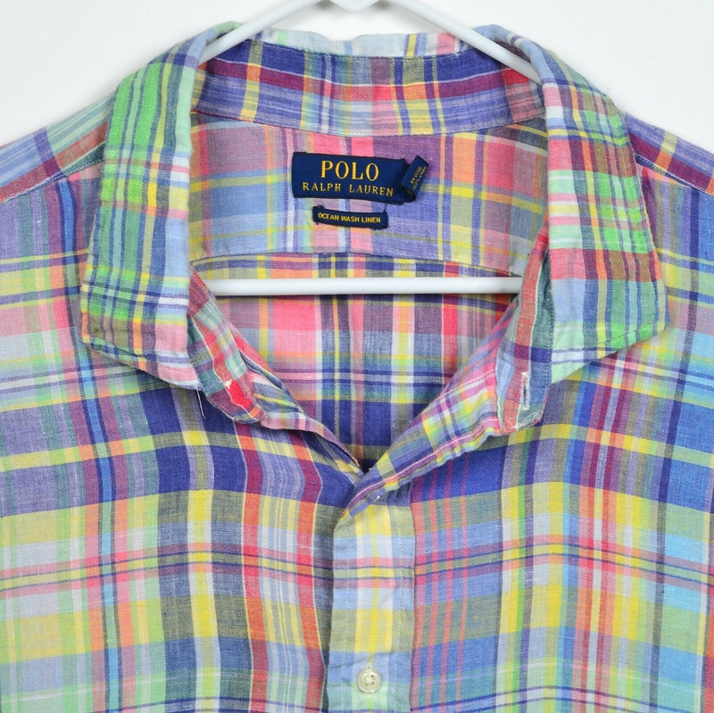 Polo Ralph Lauren Men's 3XB Ocean Wash Linen Green Yellow Colorful Plaid Shirt