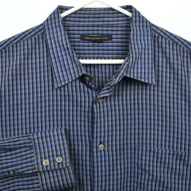 John Varvatos USA Men's 2XL Blue Gray Plaid Check Long Sleeve Button-Front Shirt